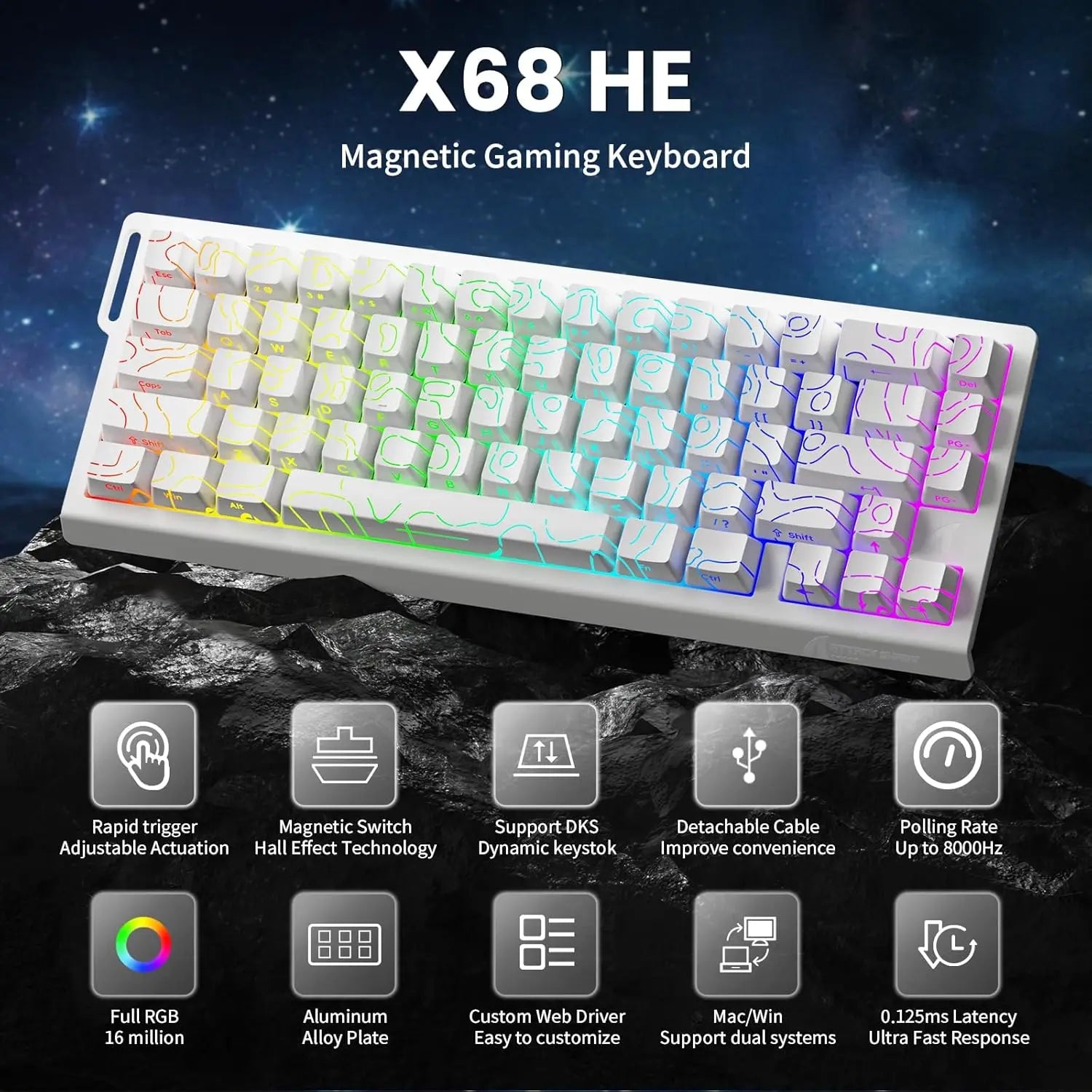 ATTACK SHARK X68HE 60% Rapid Trigger Magnetic Switch Wired Mechanical Keyboard, 0.01mm Adjustable Actuation, 8000Hz,RGB